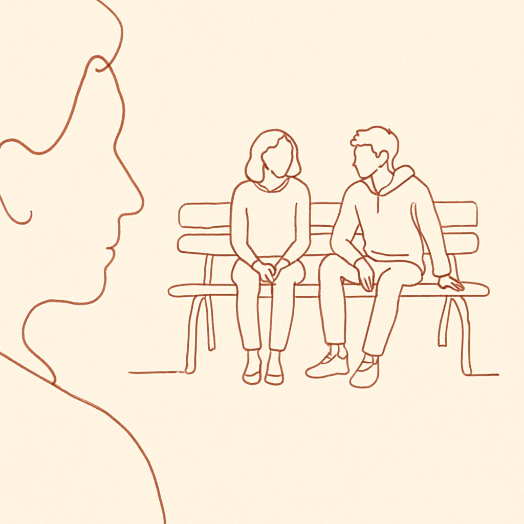 Line art of two teens on a bench from a distance, parent in soft focus in the foreground
