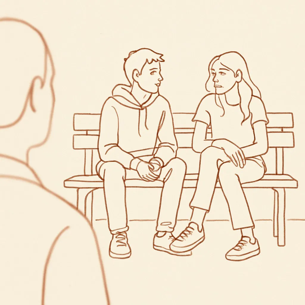 Line art of two teens on a bench in soft afternoon light, parent in soft focus in the foreground