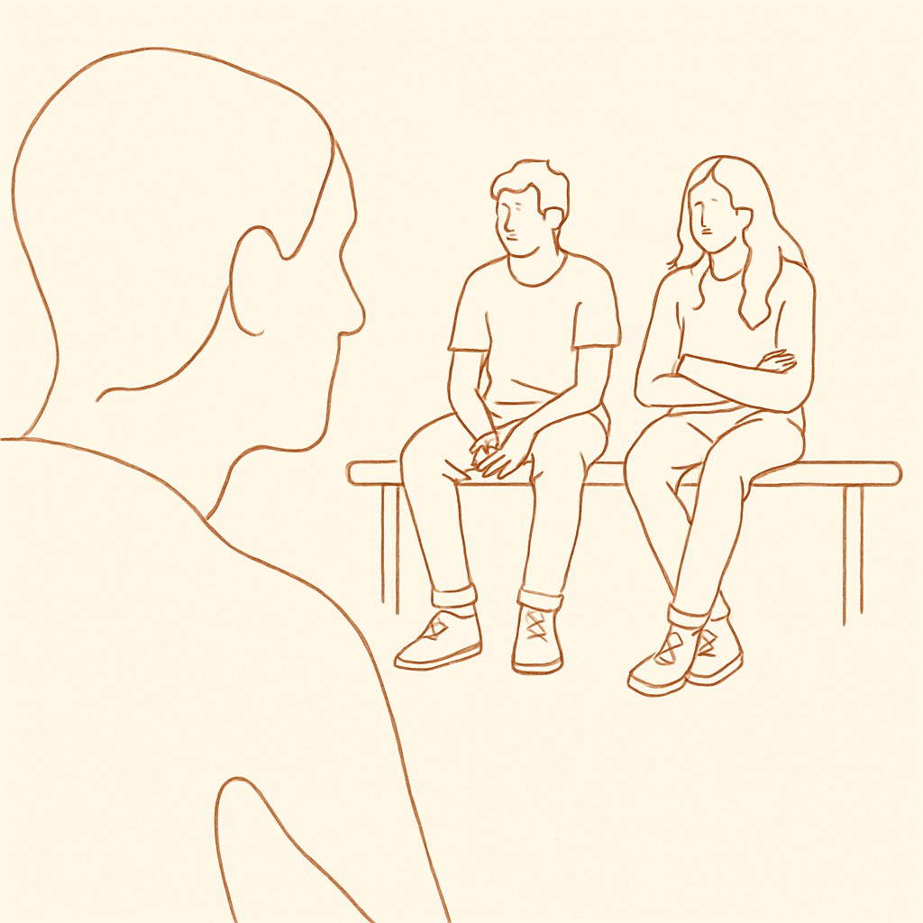 Line art of two teens sitting on a bench from a distance, parent in soft focus in the foreground