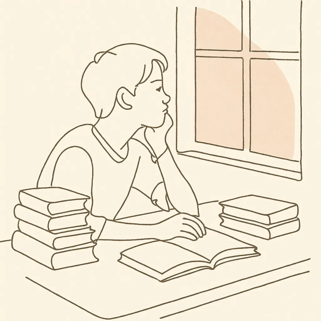 Line art of a teen at a desk surrounded by books, looking out a window, soft afternoon light