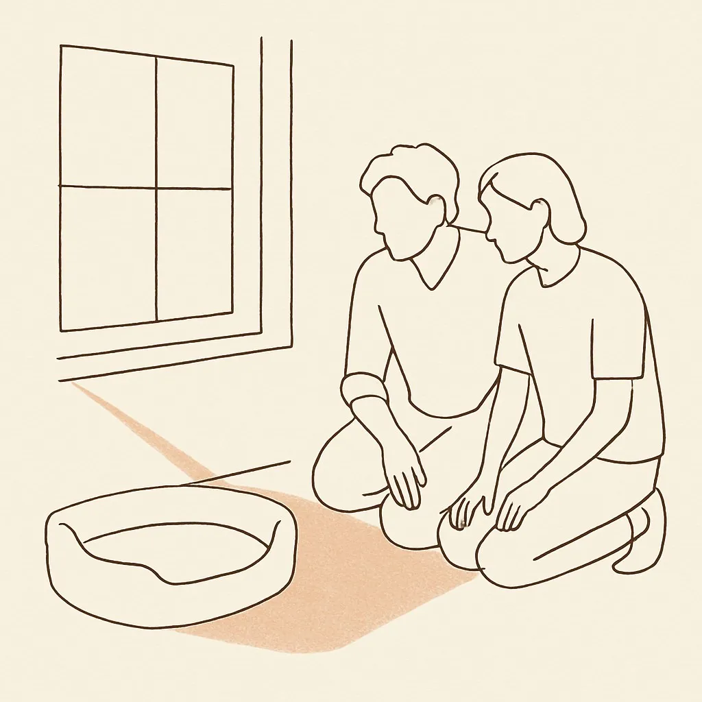 Line art of an empty pet bed by a window in late afternoon light, parent and teen kneeling beside it