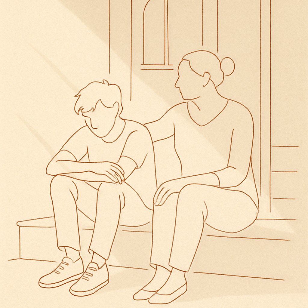 Line art of a teen on a porch step in soft afternoon light, parent sitting beside