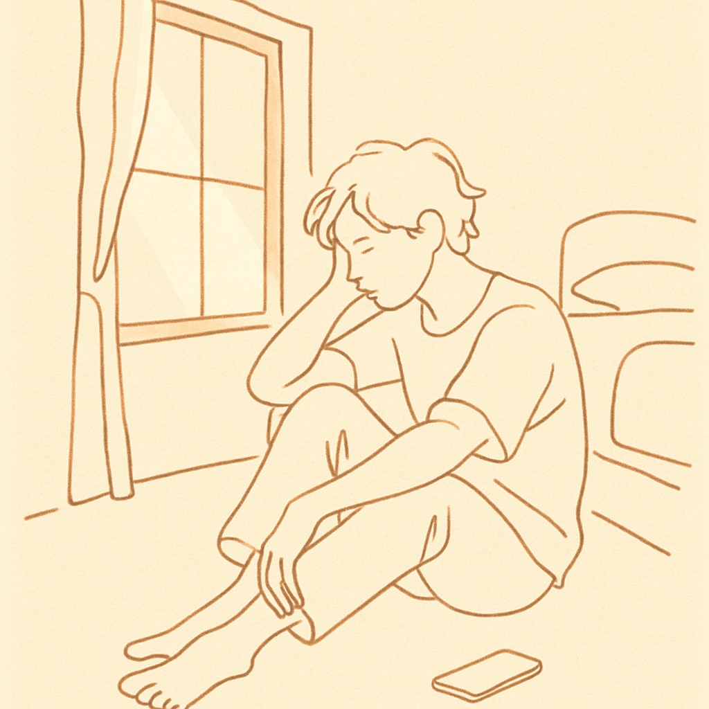 Line art of a teen sitting on a bedroom floor with a phone face-down nearby, soft warm window light