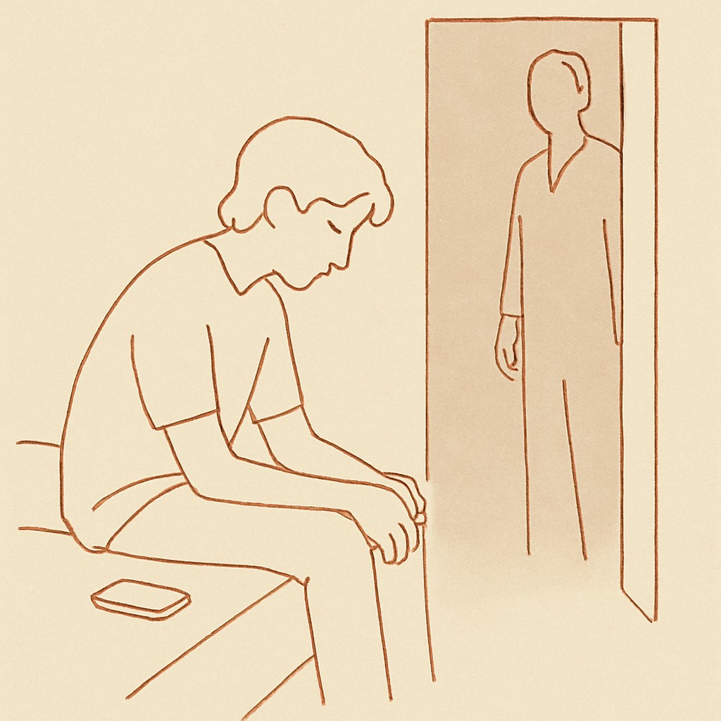 Line art of a teen sitting on the edge of a bed in dim light, phone face-down beside them, parent in the doorway