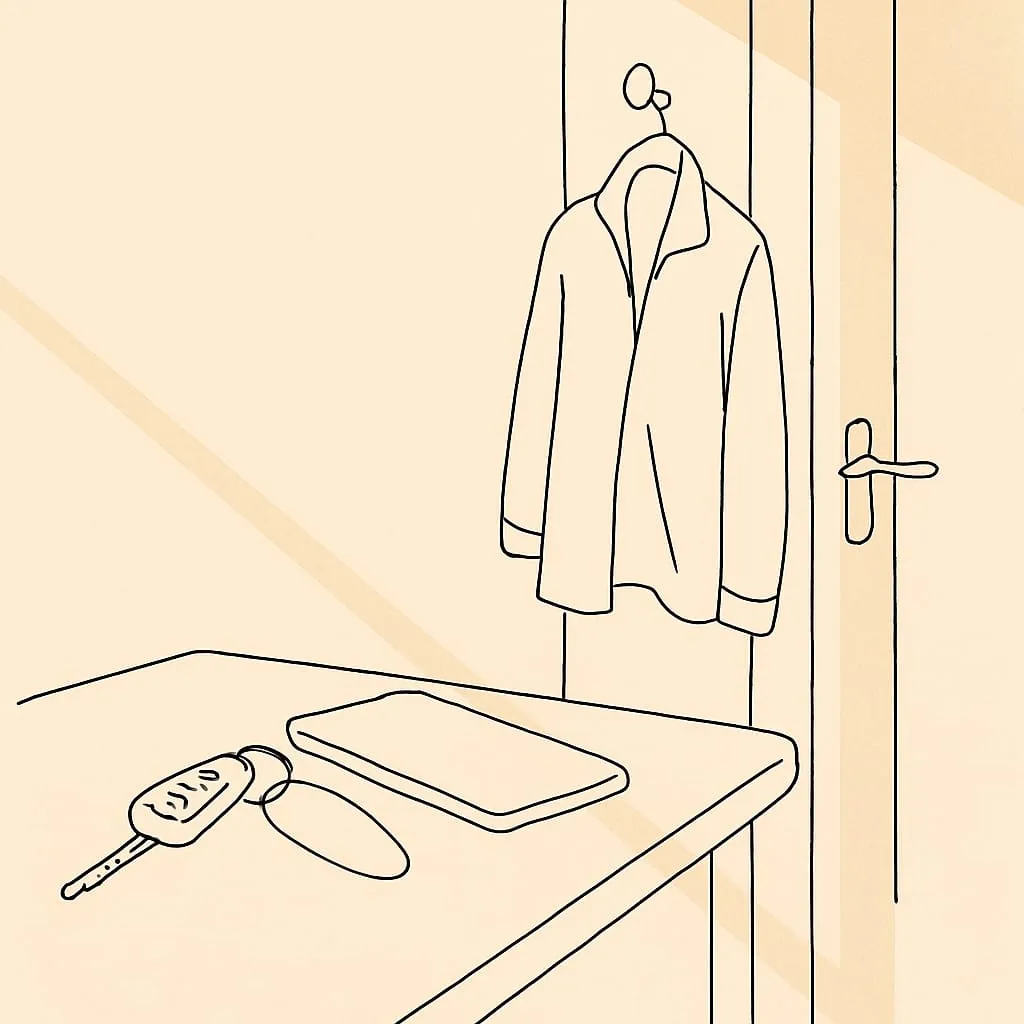 Line art of a car key on a wooden front-hall table next to a closed phone, a jacket on a hook by the door in late afternoon light