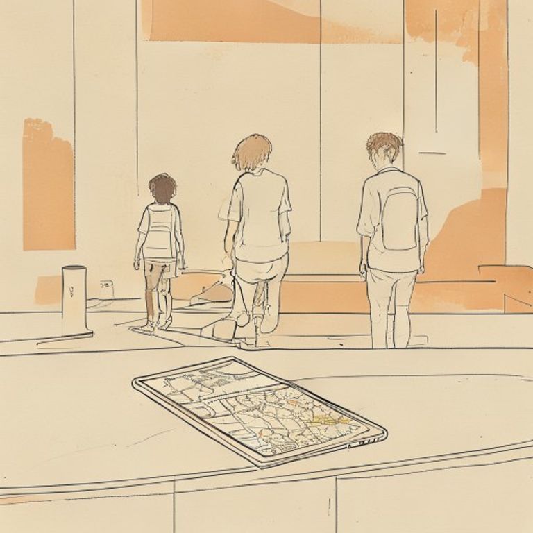 Line art of a phone on a kitchen counter showing a map, with a teen walking away in the background