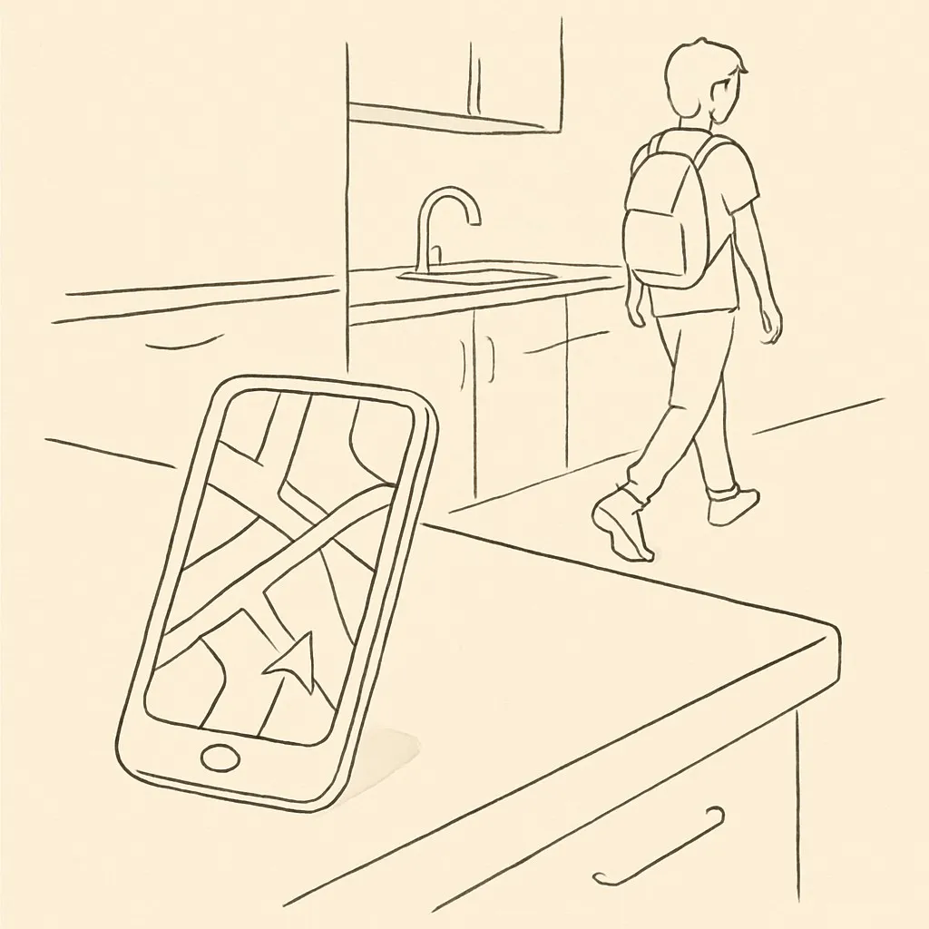 Line art of a phone on a kitchen counter showing a map, with a teen walking away in the background