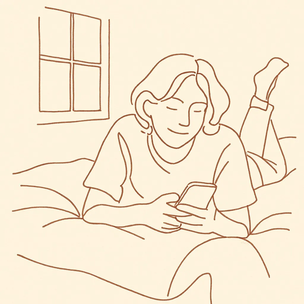 Line art of a teen sprawled on a bed texting, soft window light, a smile half-visible
