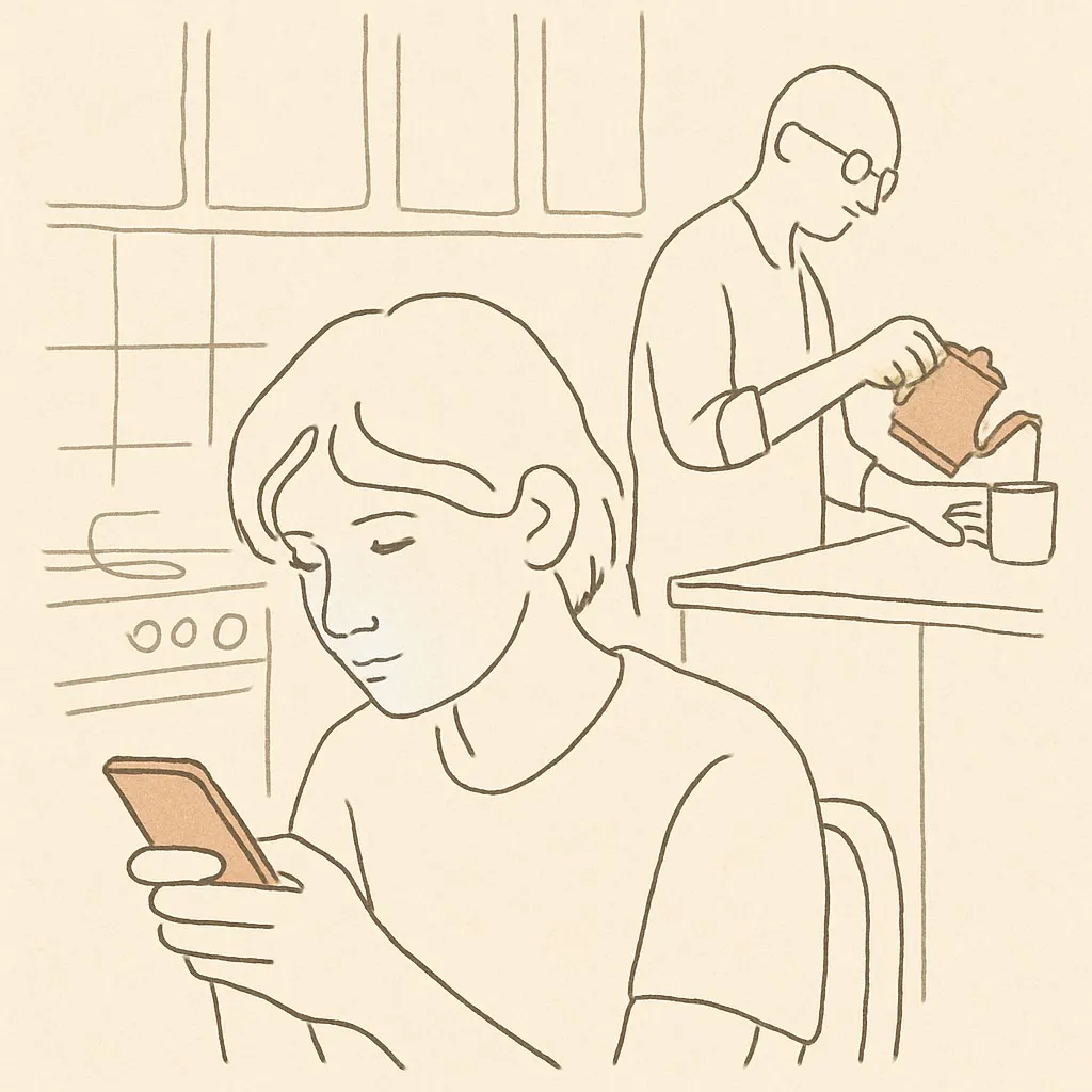 Line art of a teen on a phone in the kitchen, lit by the screen, parent making coffee in the background