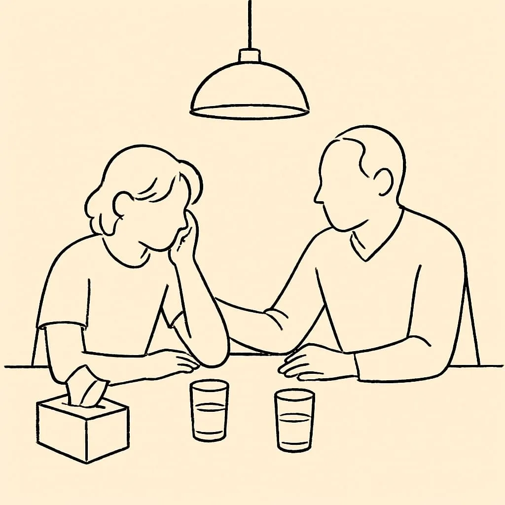 Line art of a teen and parent on a kitchen bench late at night, two glasses of water between them, a tissue box, soft warm overhead light