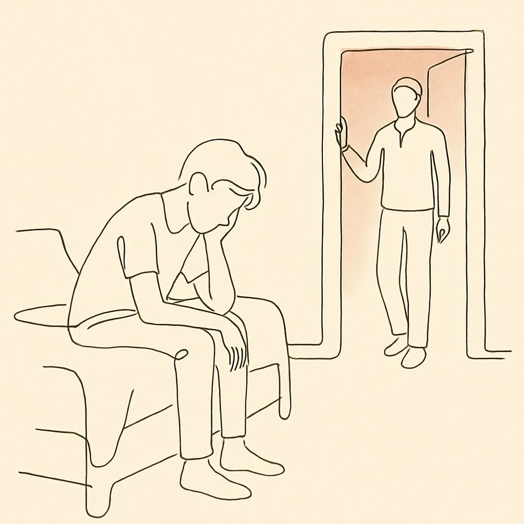 Line art of a teen sitting on the edge of their bed at night, a parent in the doorway, soft hallway light