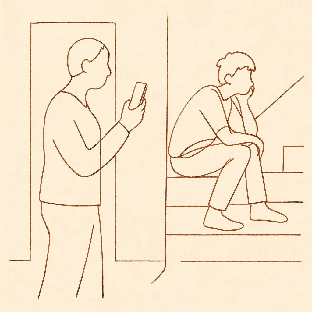 Line art of a parent holding a phone in a hallway, a teen pausing on the stairs