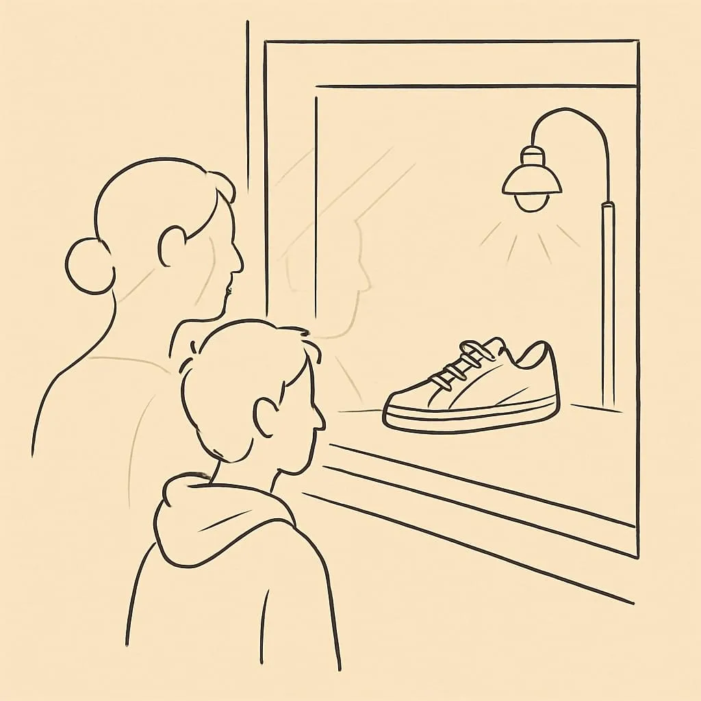 Line art of a single pair of sneakers in a brightly lit store window, a teen and parent's reflection faintly visible in the glass, evening street light