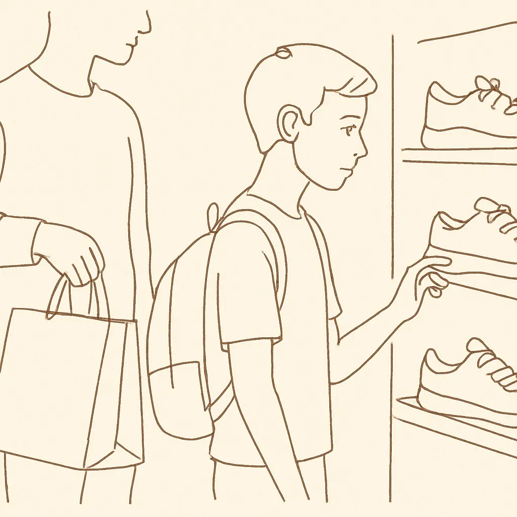 Line art of a teen looking at sneakers in a store, a parent half-visible holding shopping bags