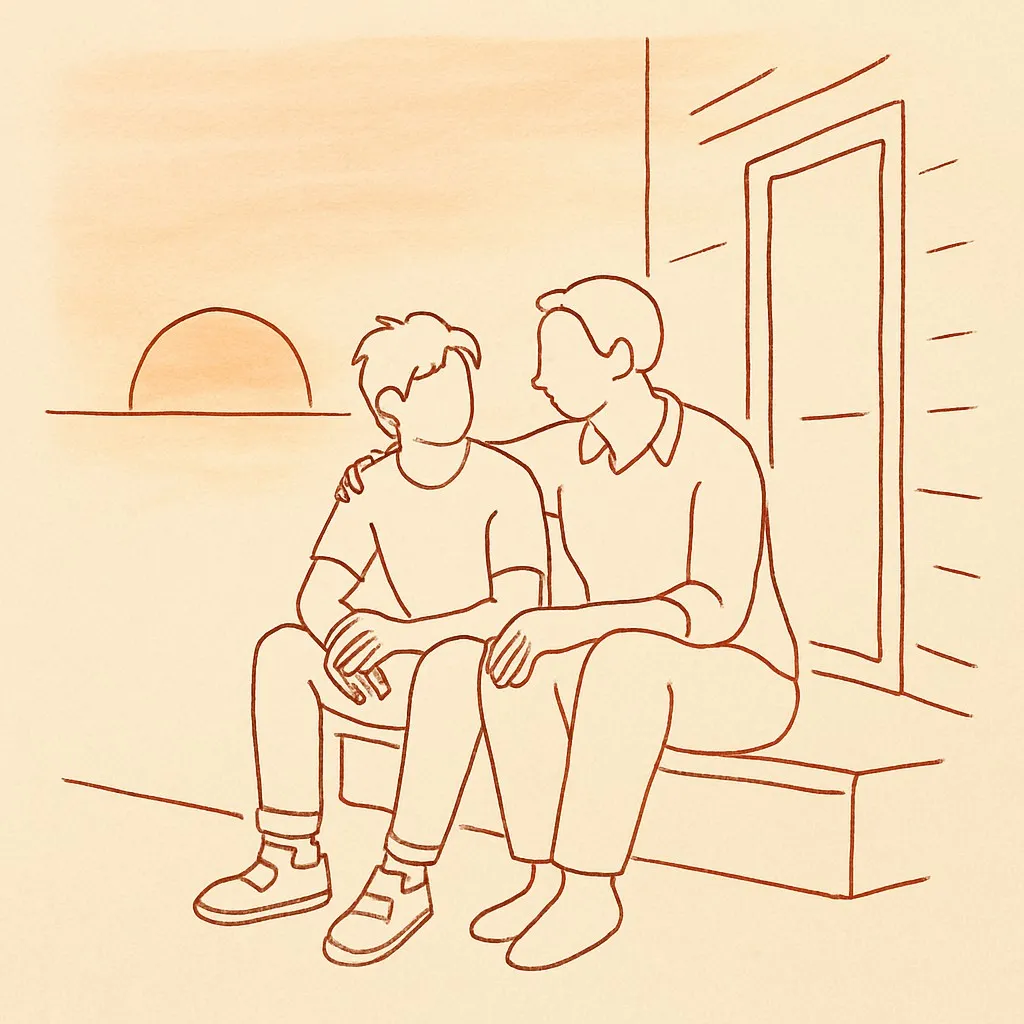 Line art of a teen and parent on a porch step at dusk, soft warm sky