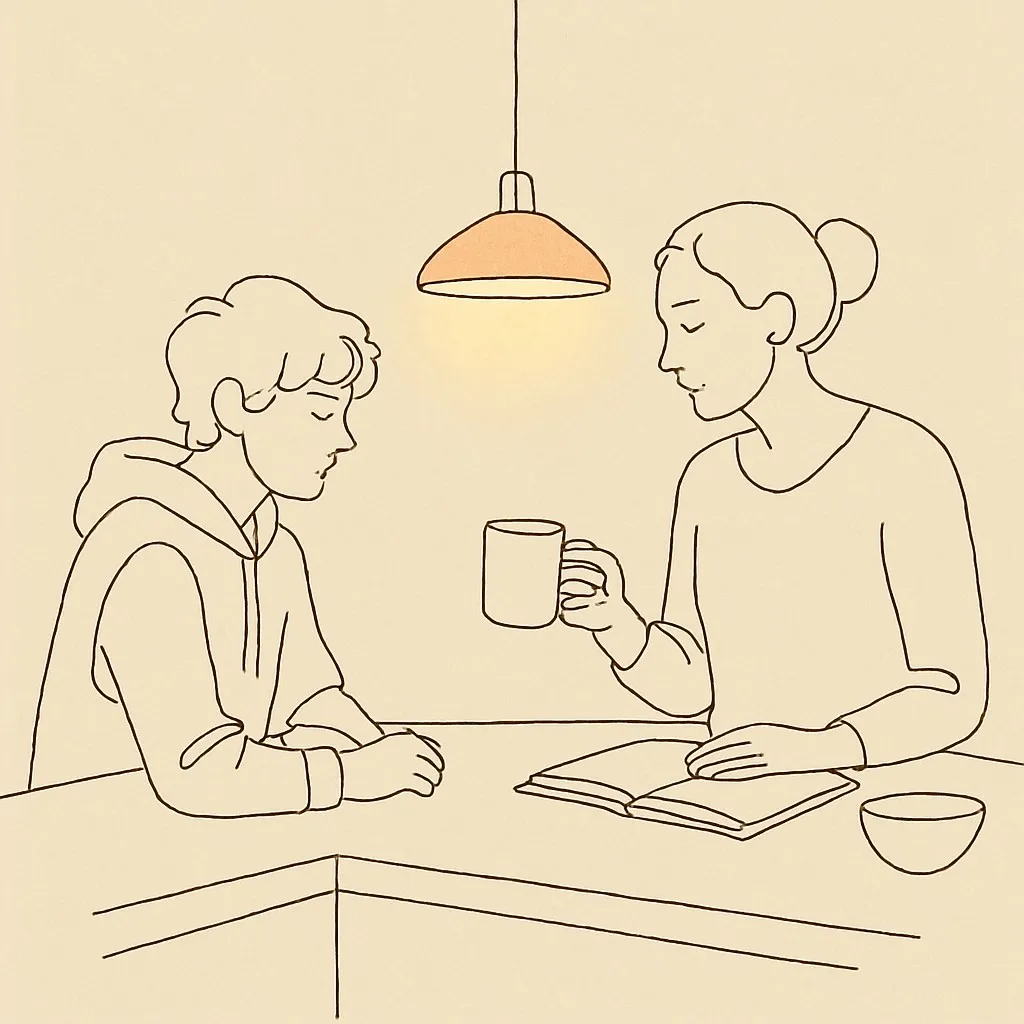 Line art of a teen and parent at a kitchen counter at night, soft warm light