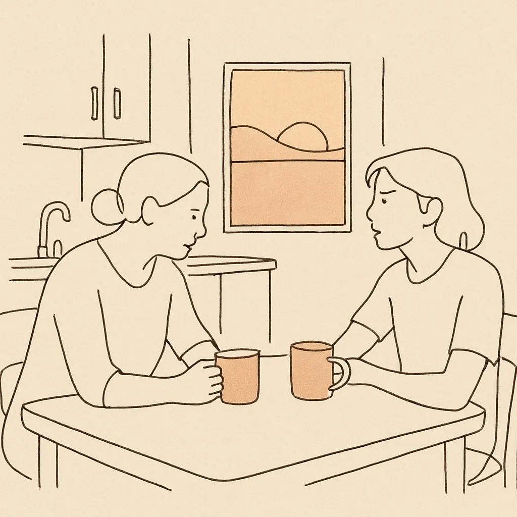 Line art of a parent and teen at a kitchen table at dusk, two mugs between them