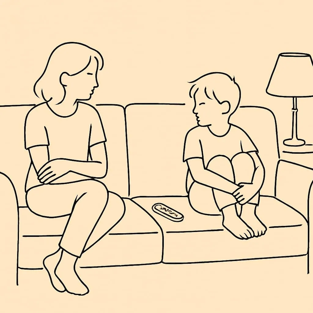 Line art of two siblings sitting at opposite ends of a couch, a remote control on a cushion between them, soft evening lamp light