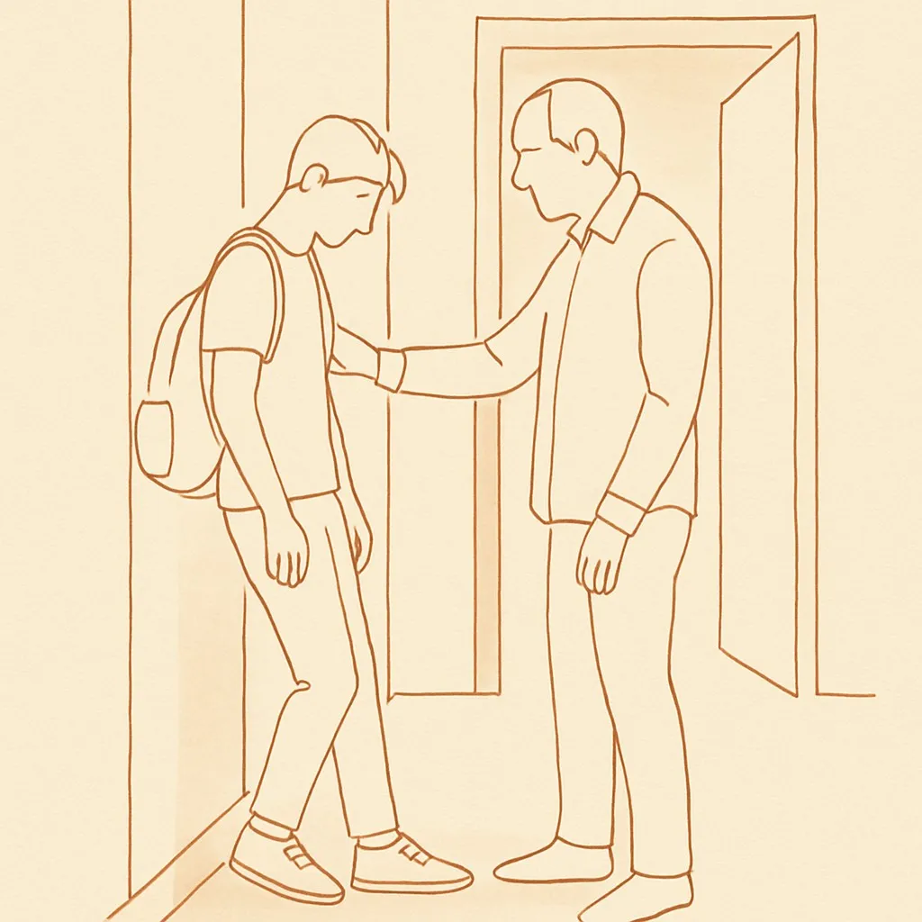 Line art of a teen and parent in a hallway, soft afternoon light