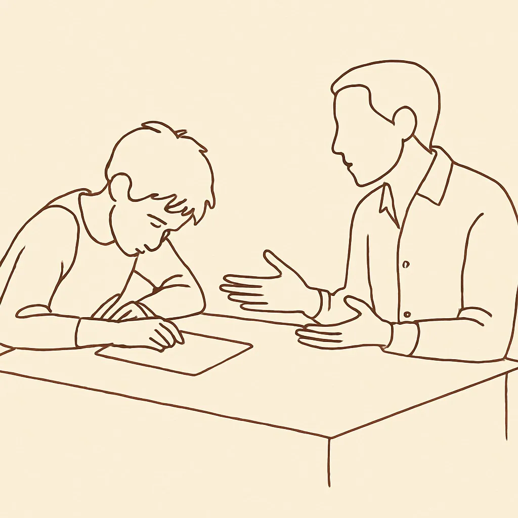 Line art of a teen looking down at a paper on a kitchen table, a parent across with hands open