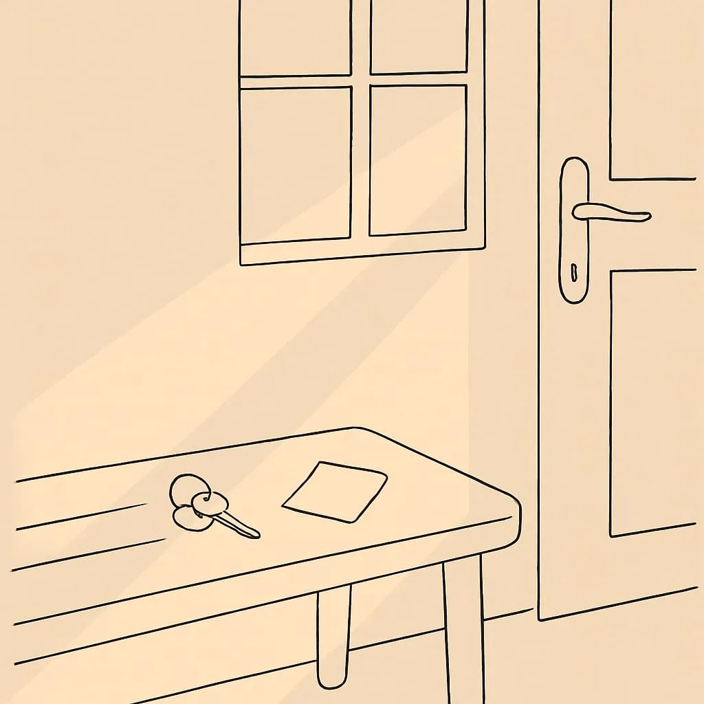 Line art of a house key on a wooden bench by the front door beside a folded sticky note in soft evening light