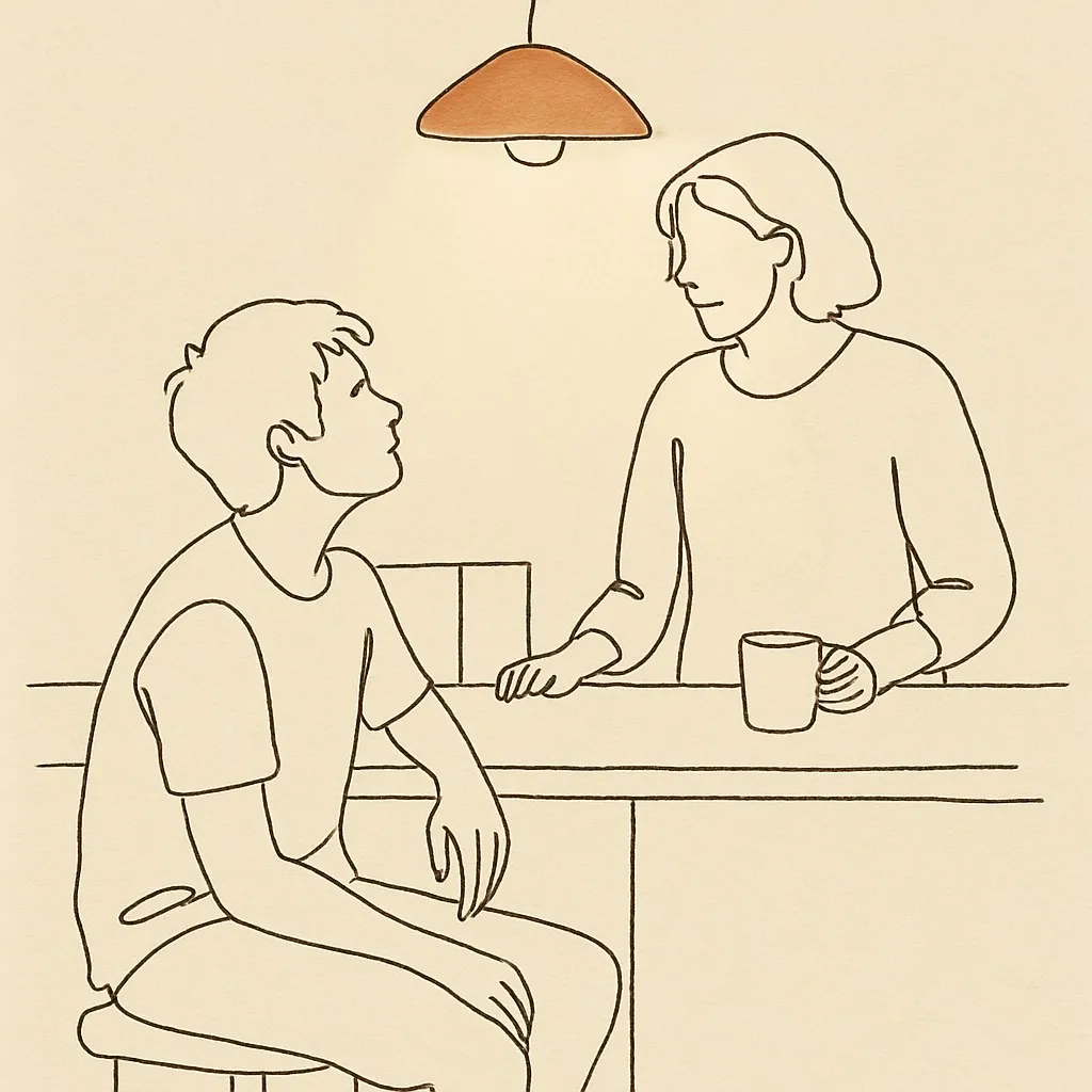 Line art of a teen looking up at a parent across a kitchen counter, soft warm overhead light
