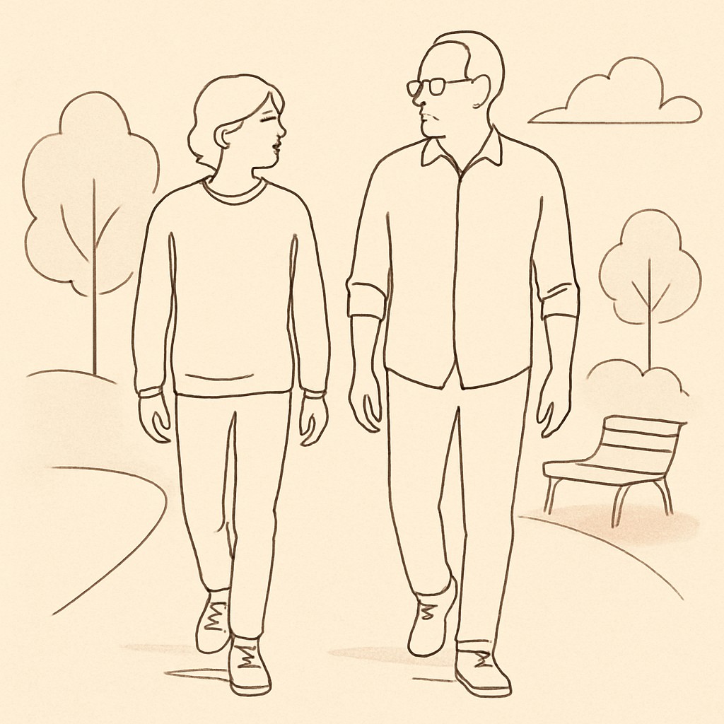 Line art of a teen and parent walking in a park, soft afternoon light, both looking ahead