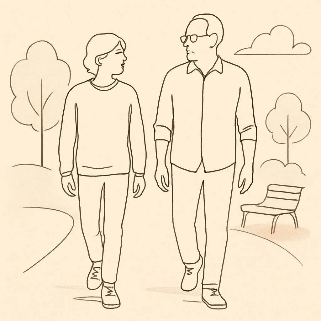 Line art of a teen and parent walking in a park, soft afternoon light, both looking ahead