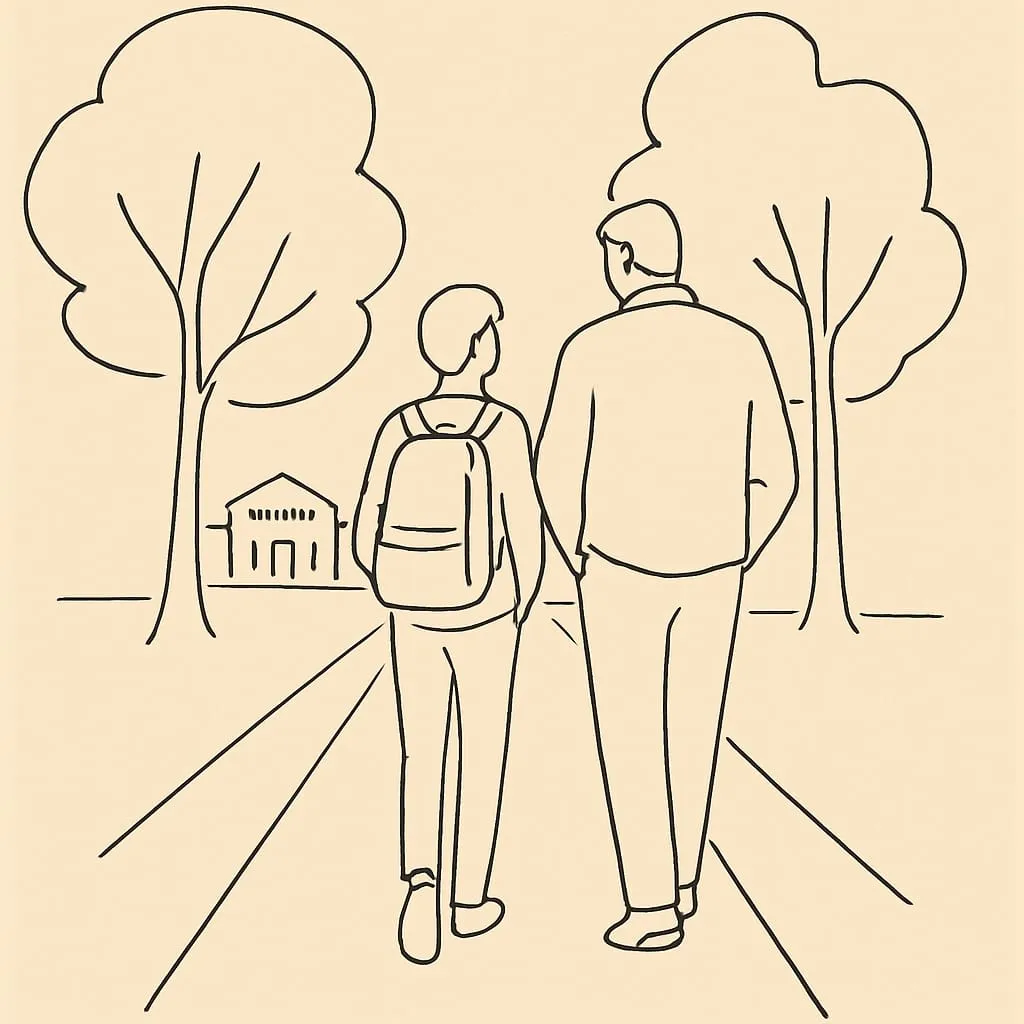 Line art of a parent and teen on a walk at dusk along a tree-lined sidewalk, both with hands in pockets