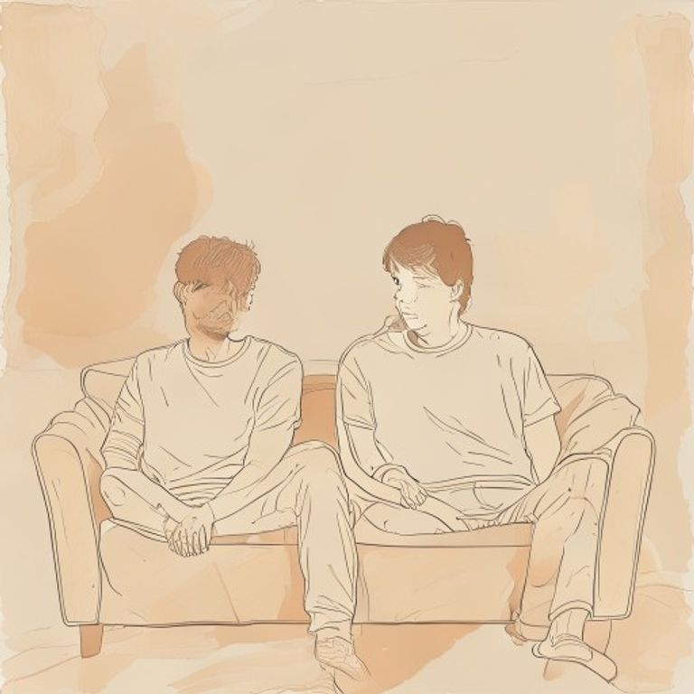 Line art of a parent and teen sitting on a couch, both looking away from each other in soft afternoon light
