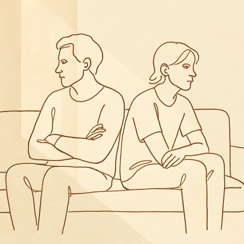 Line art of a parent and teen sitting on a couch, both looking away from each other in soft afternoon light
