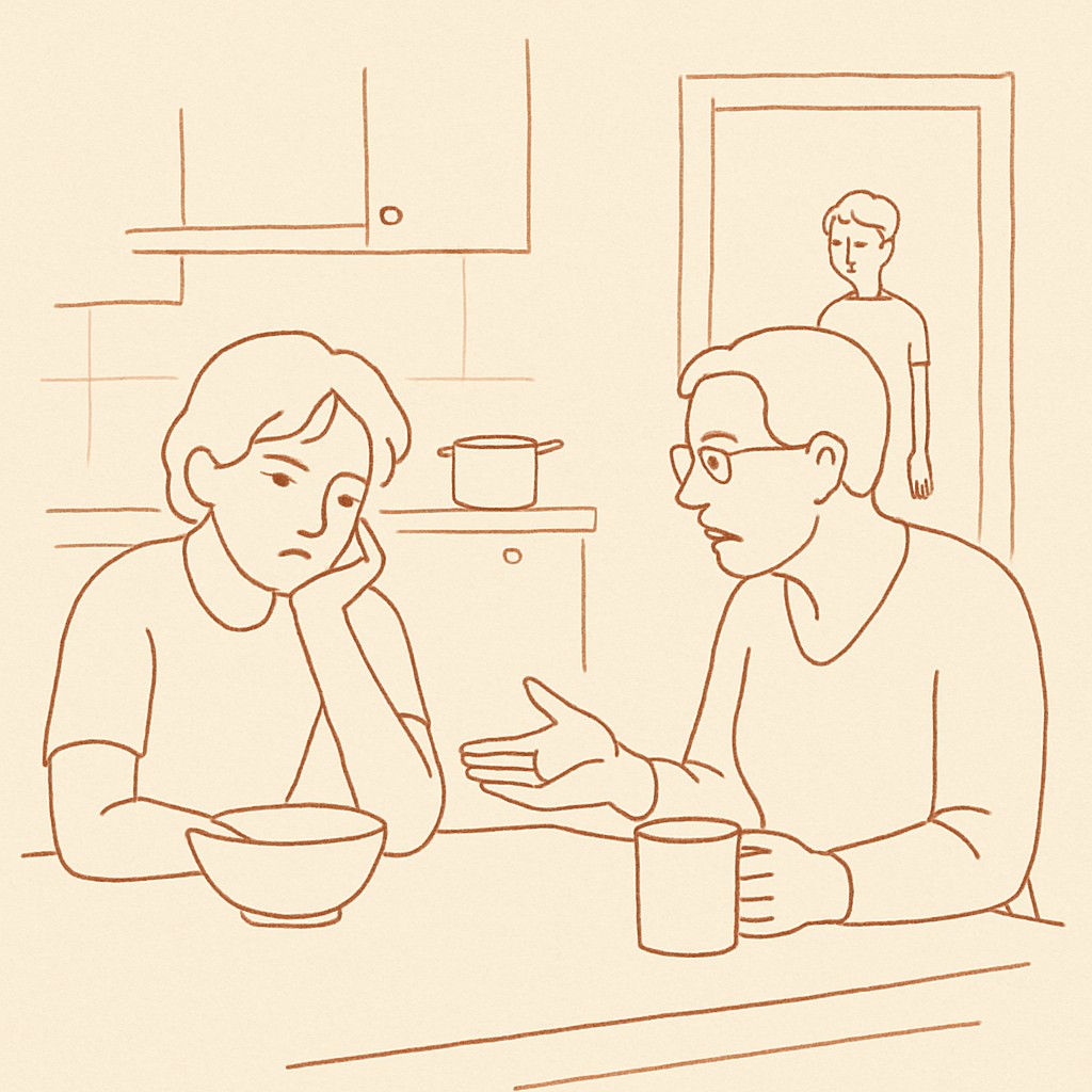 Line art of a teen and parent on opposite sides of a kitchen table, a sibling visible in background through a doorway