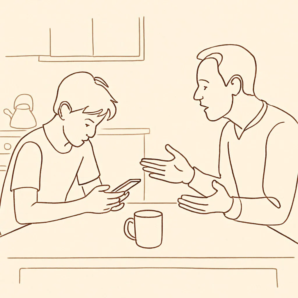 Line art of a teen at a kitchen table looking at a phone, parent across with hands open