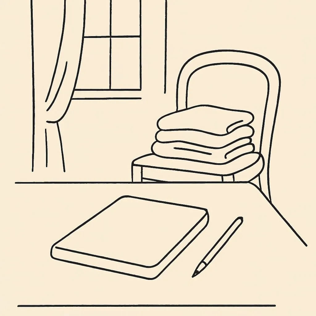 Line art of a closed notebook on a bedroom desk with a pencil beside it and a small stack of folded laundry on the chair behind, dim afternoon light through a window