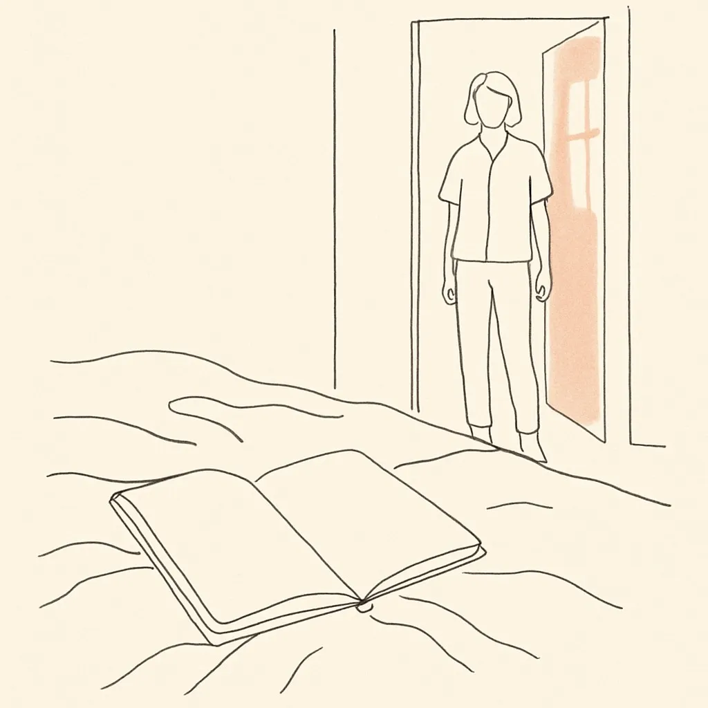 Line art of an open notebook on a bed, a teen standing in the doorway, soft window light