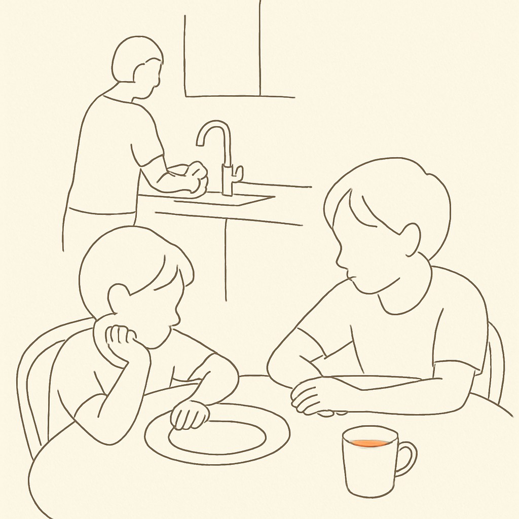 Line art of two siblings at a kitchen table, parent at the sink