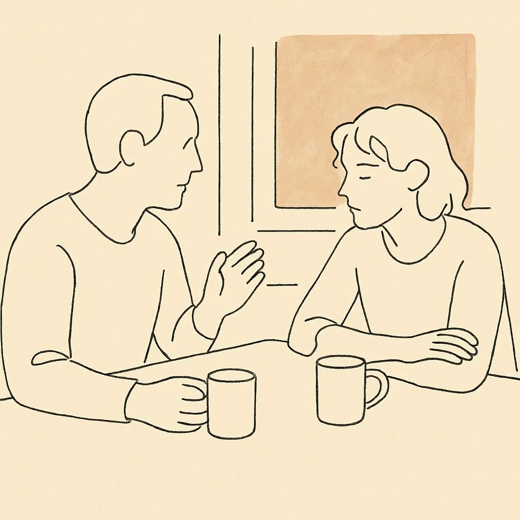 Line art of a parent and teen at a kitchen table, two mugs between them, morning light