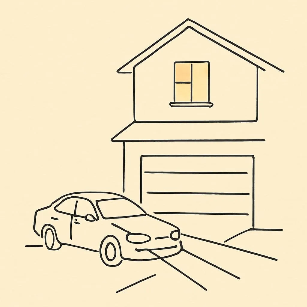 Line art of a car arriving home at night with headlights on a quiet suburban driveway, an upstairs bedroom window glowing warm above the garage