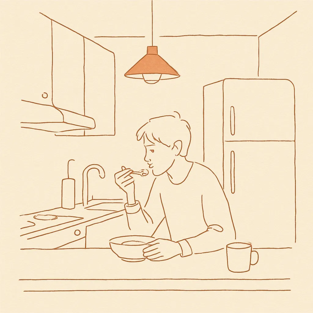 Line art of a dim kitchen at night, a single light on, a teen at the counter eating standing up