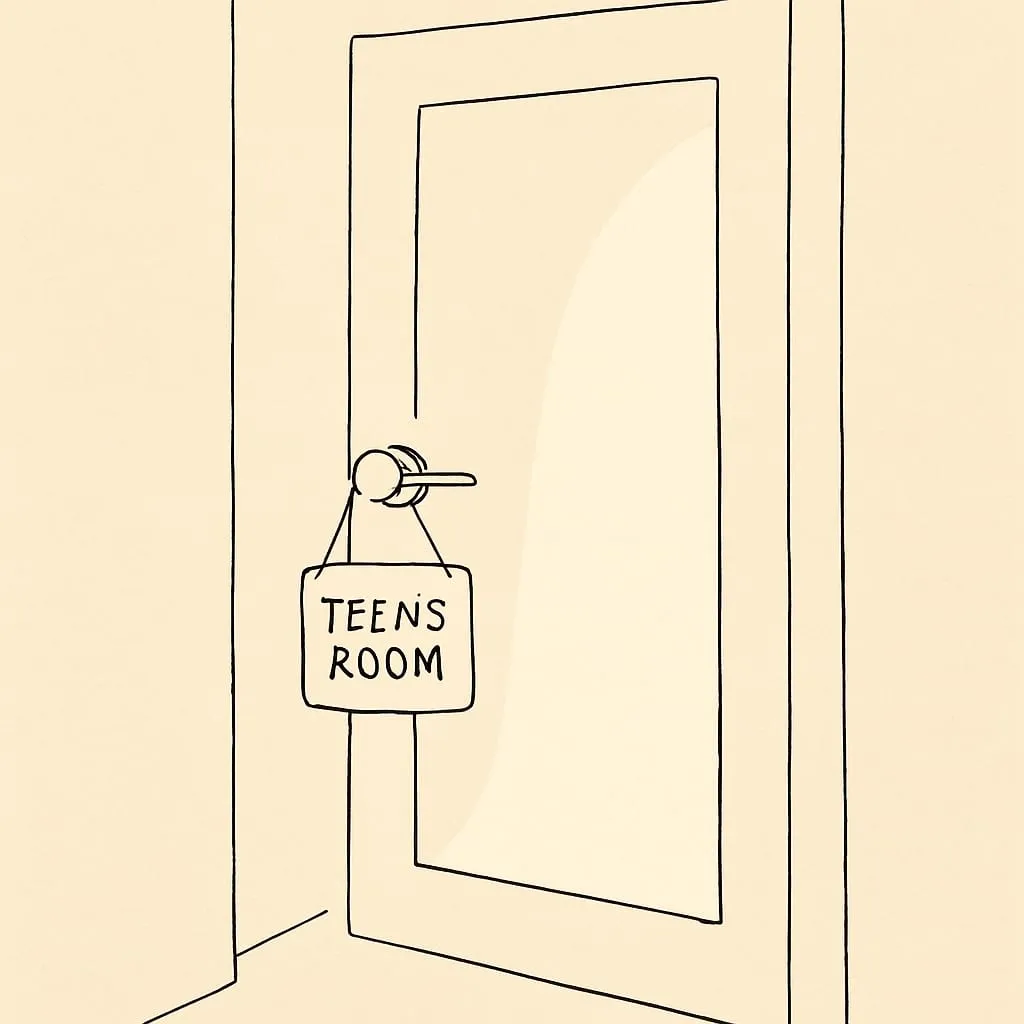 Line art of a teen's bedroom door slightly ajar with a hand-lettered sign hanging from the doorknob in soft hallway light