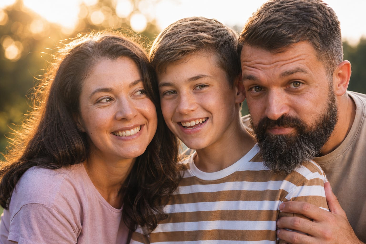 A mom, teenage son, and dad smiling together outdoors in warm evening light.