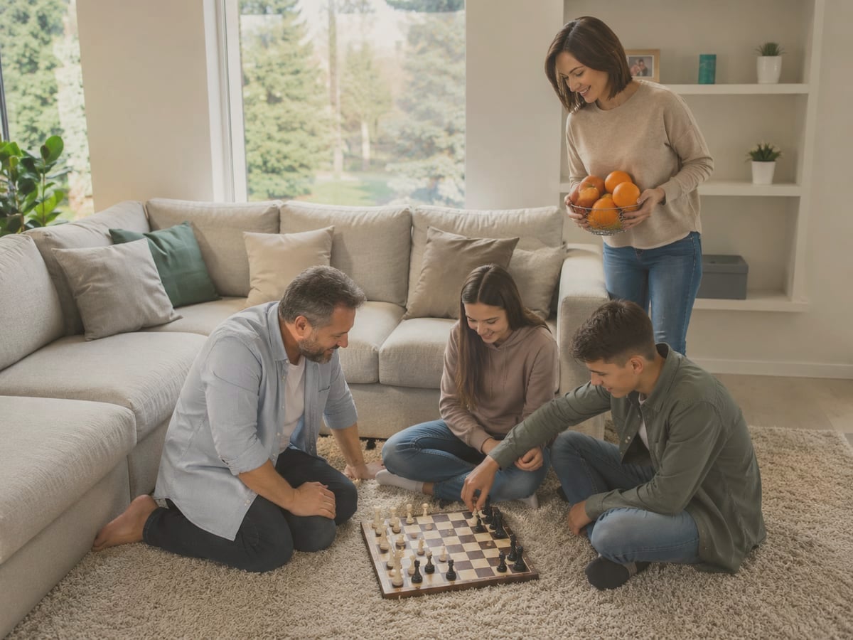 A family playing a board game together at home — relaxed and connected.