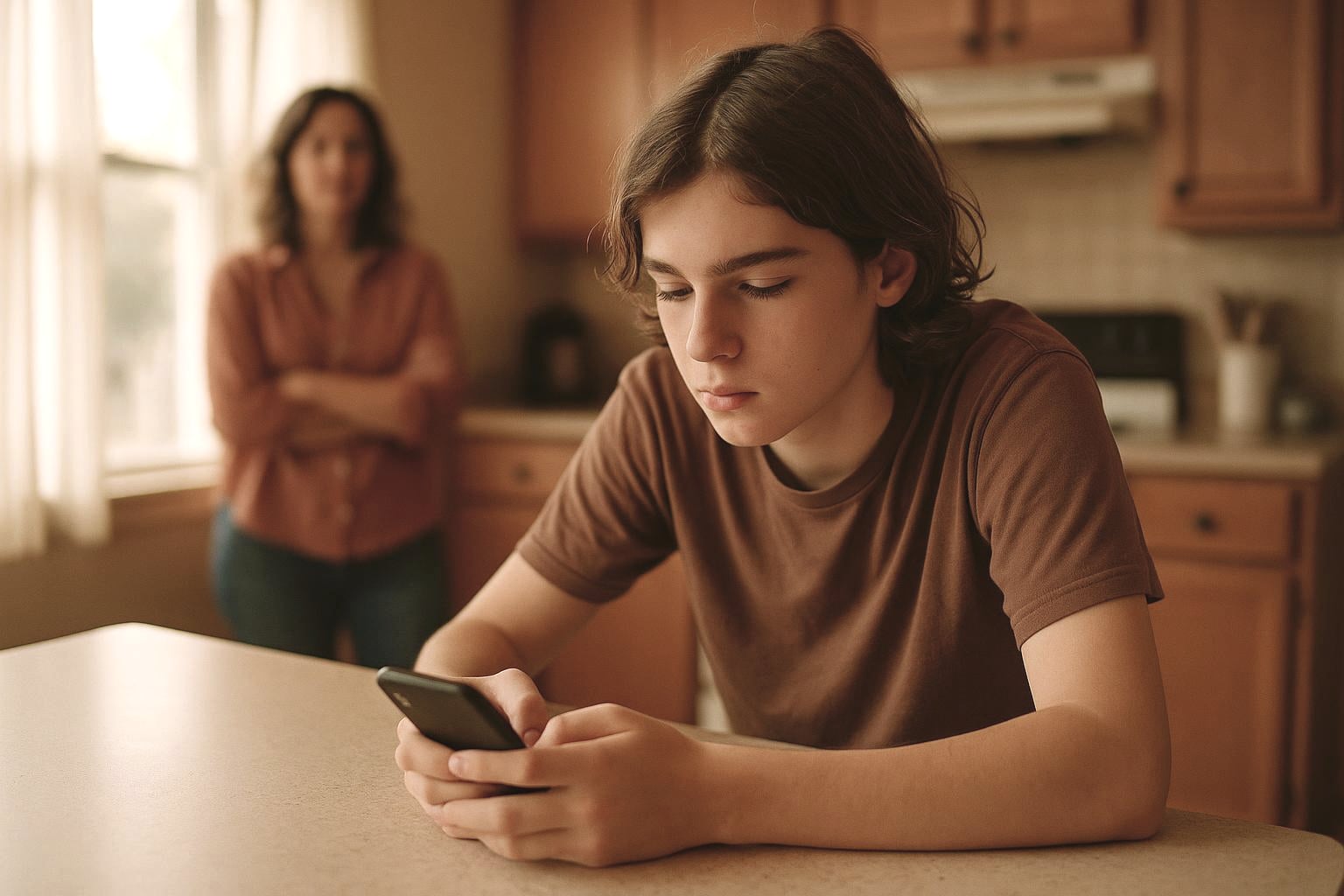 A teenager on a phone in the kitchen, parent in the background.