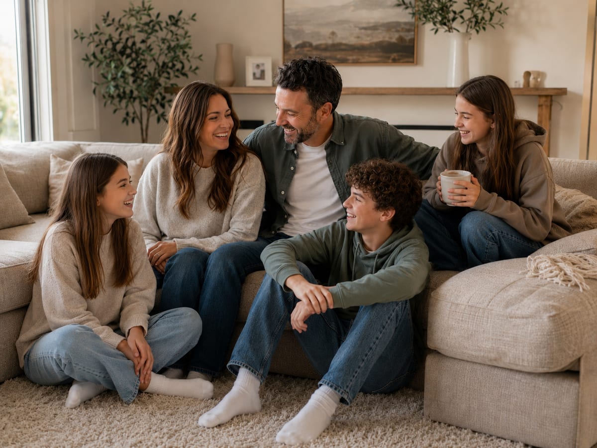 A family relaxing together on the couch with warm drinks, talking.