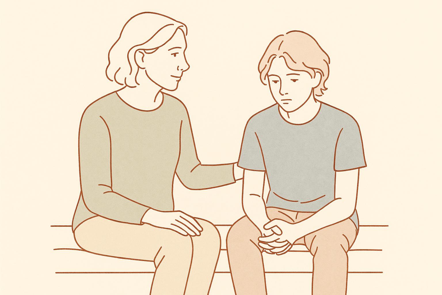 Line illustration of a parent sitting calmly beside a teen.