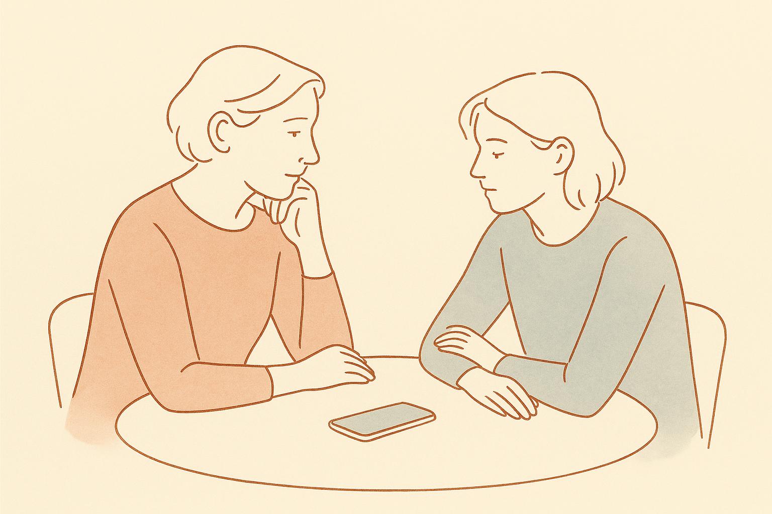 Line illustration of a parent and teen sitting together, a phone face-down between them.