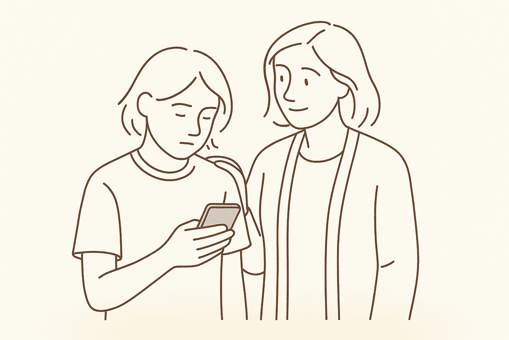 A teen holding a phone with a supportive adult nearby
