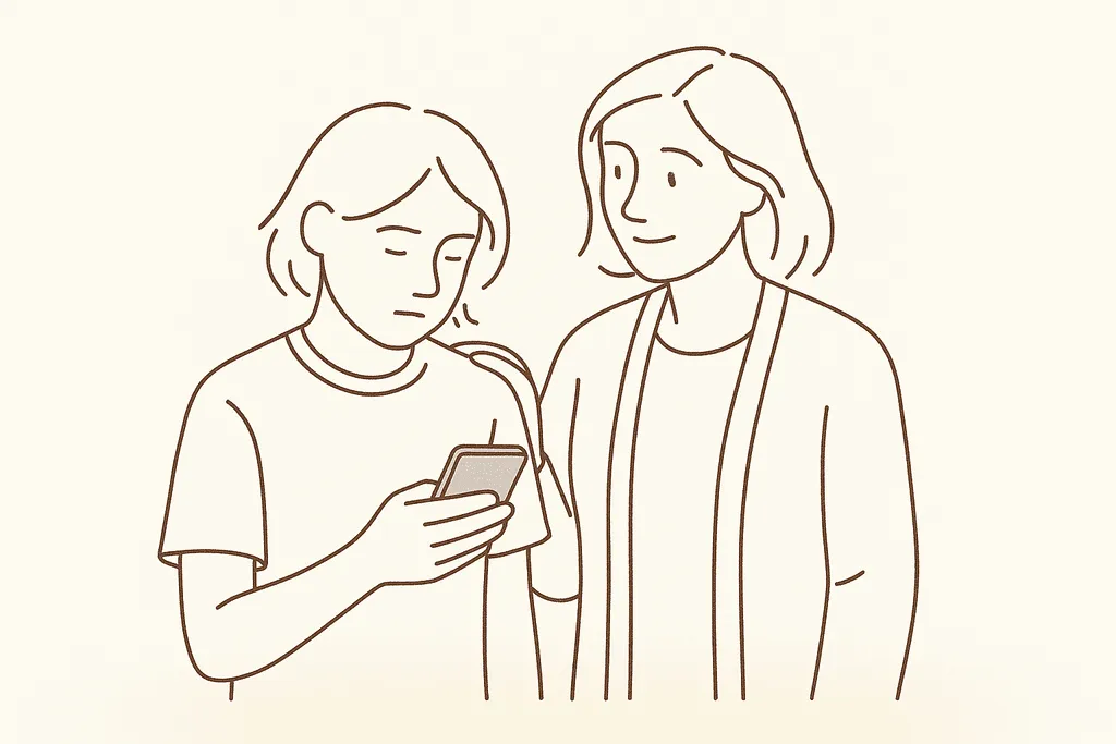 A teen holding a phone with a supportive adult nearby