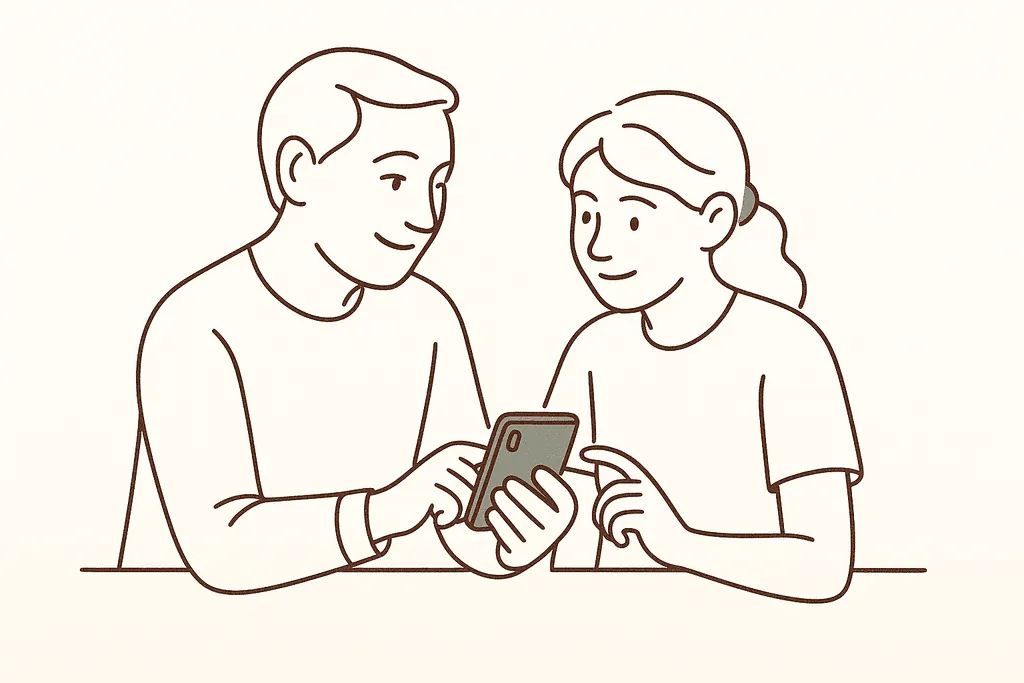 A parent and teen looking at a phone and talking