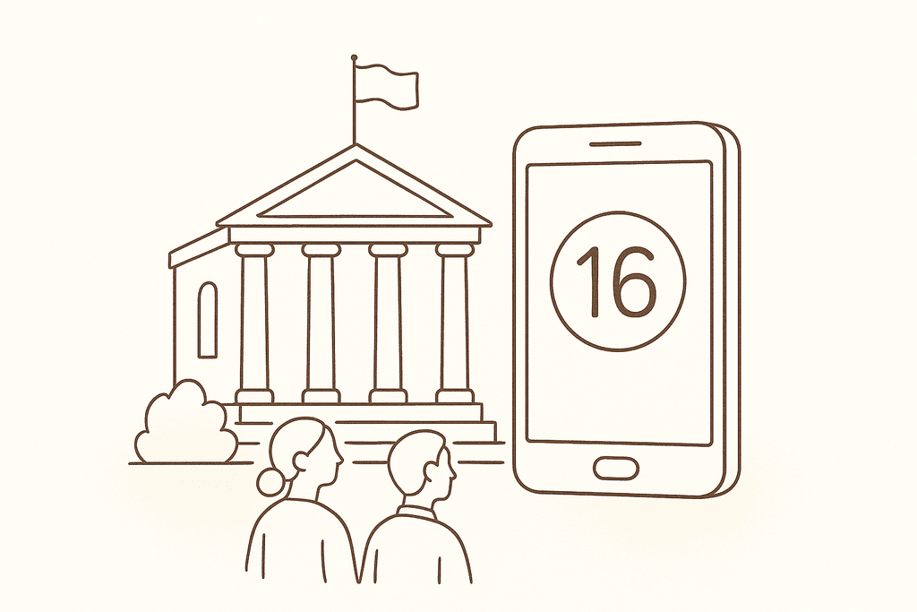 A government building with a phone and age-limit icon